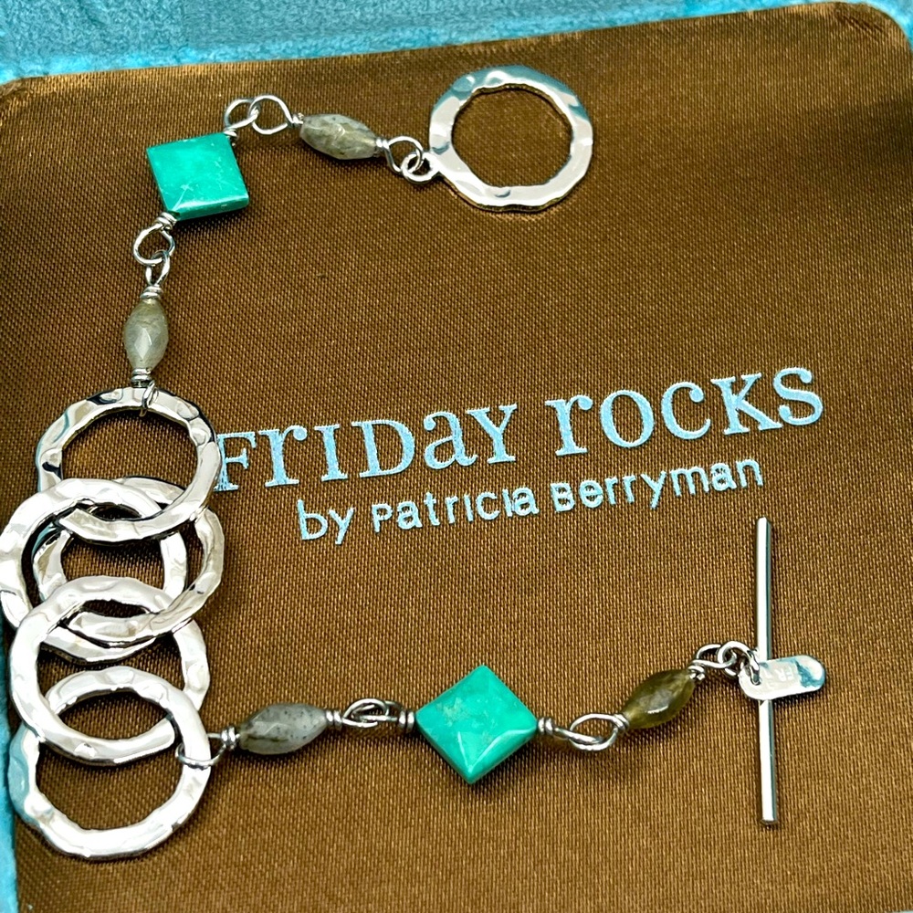 Friday Rocks QVC Sterling Turquoise Labradorite Hammered Toggle Bracelet 7"